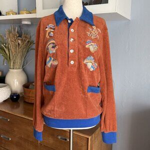 Tombolo Disco Fungi Cabana Terry Cloth Top Long Sleeve Embroidered Mushrooms  XS